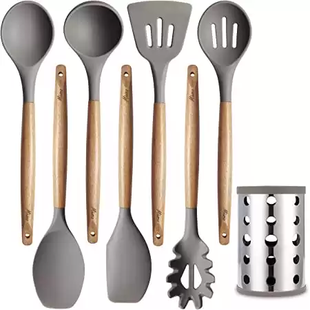 Miusco Silicone Cooking Utensils Set, 7 Piece Natural Acacia Wooden Kitchen Tool Kit with Utensil Holder